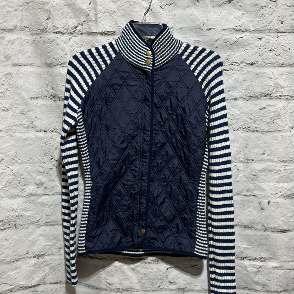 Navy Quilted & Striped Knit Jacket - Women's